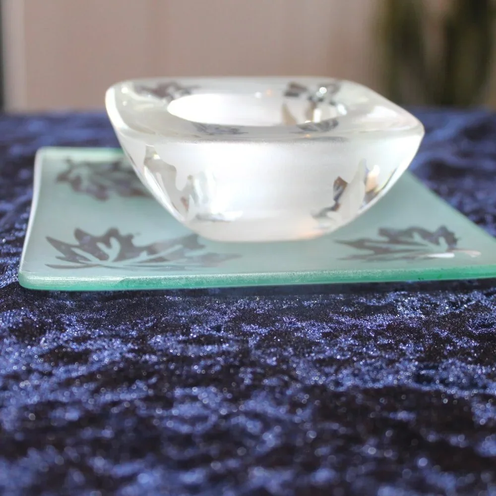 Frosted Glass Candle Holders, Leaf Pattern, Square Plates, and Votive Holders
